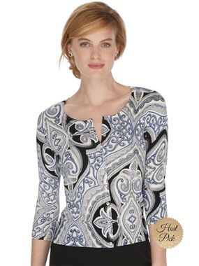 WHBM 3/4 Sleeve Crewneck Printed Cardigan
